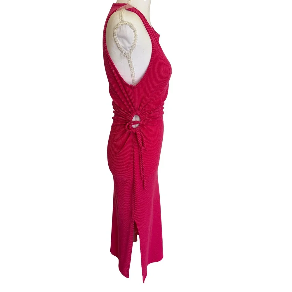 Caution to the Wind Magenta Pink Ribbed Side Tie Cutout Midi Bodycon Dress - Picture 2 of 6